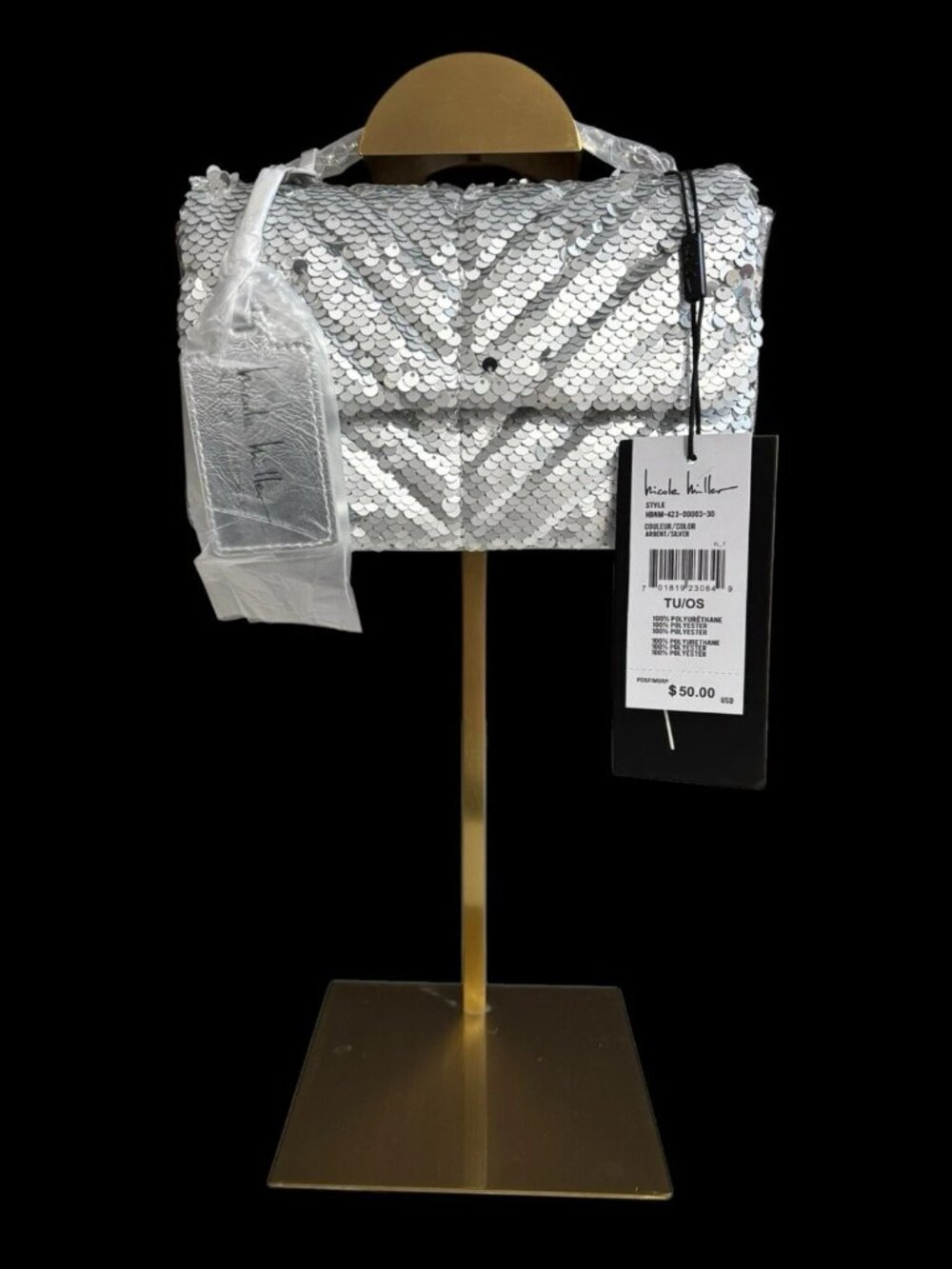 Nicole Miller Silver Sequin Chain Strap Crossbody Small Bag Purse Card Slots NWT